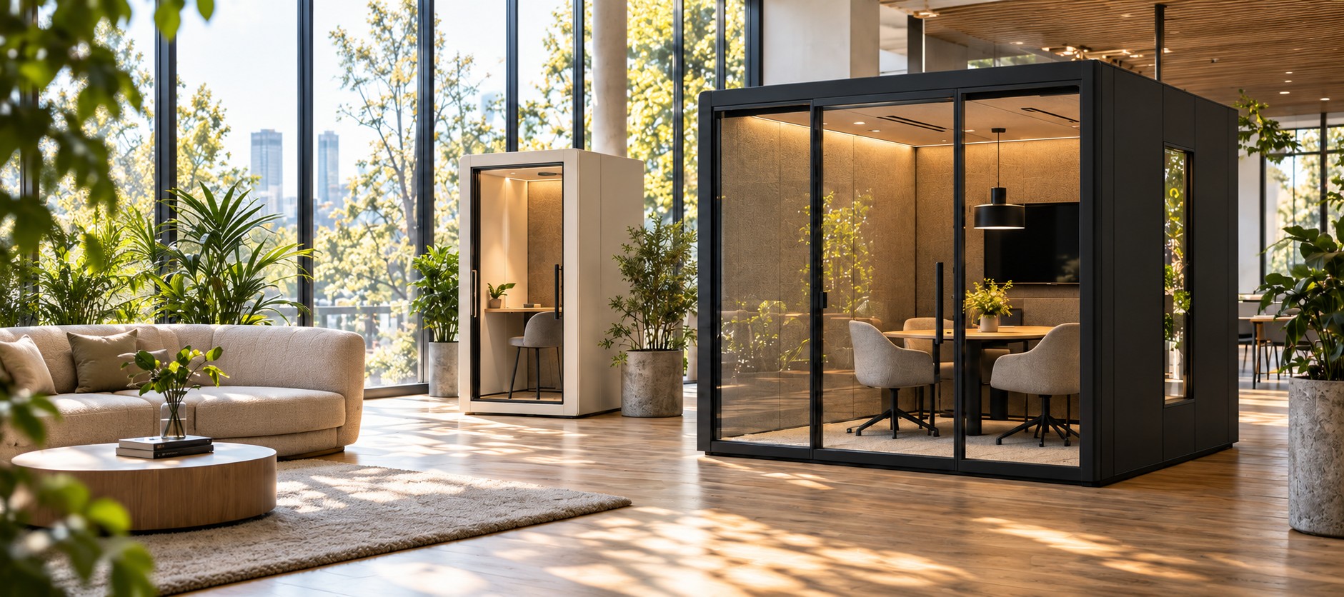 Light-filled workplace with an acoustic pod concept