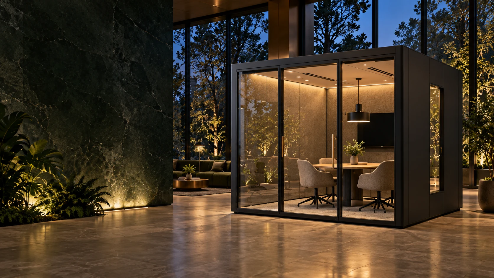 A glass meeting pod in a warm, refined office at dusk