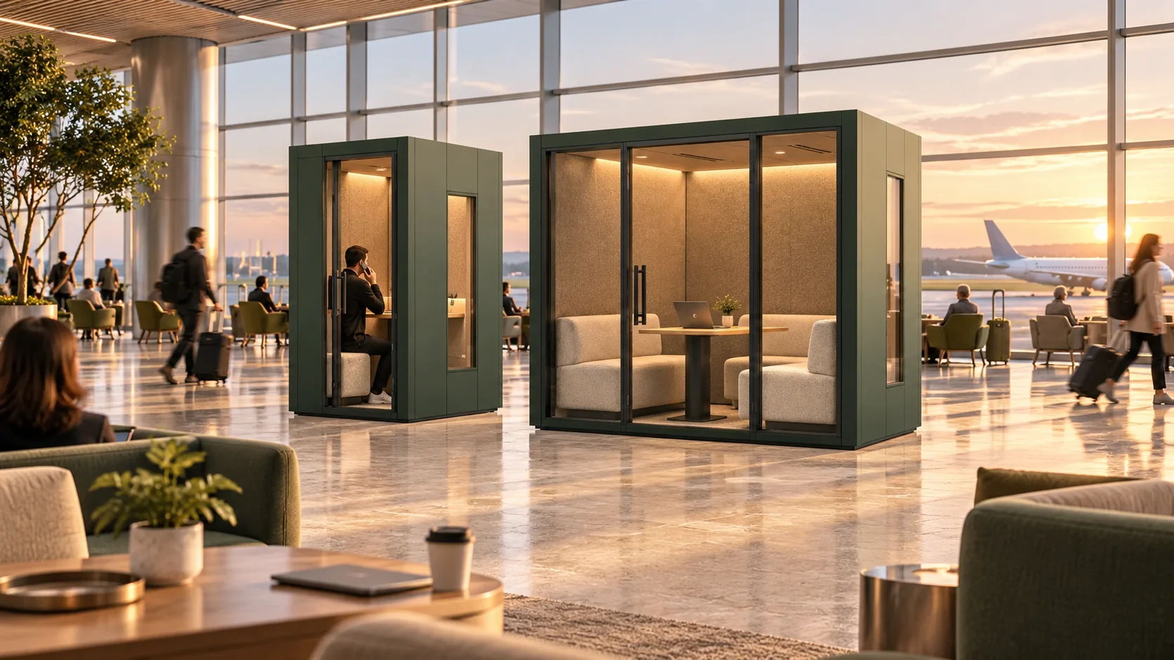 Airports & travel architectural concept with ModulPods-style work pods